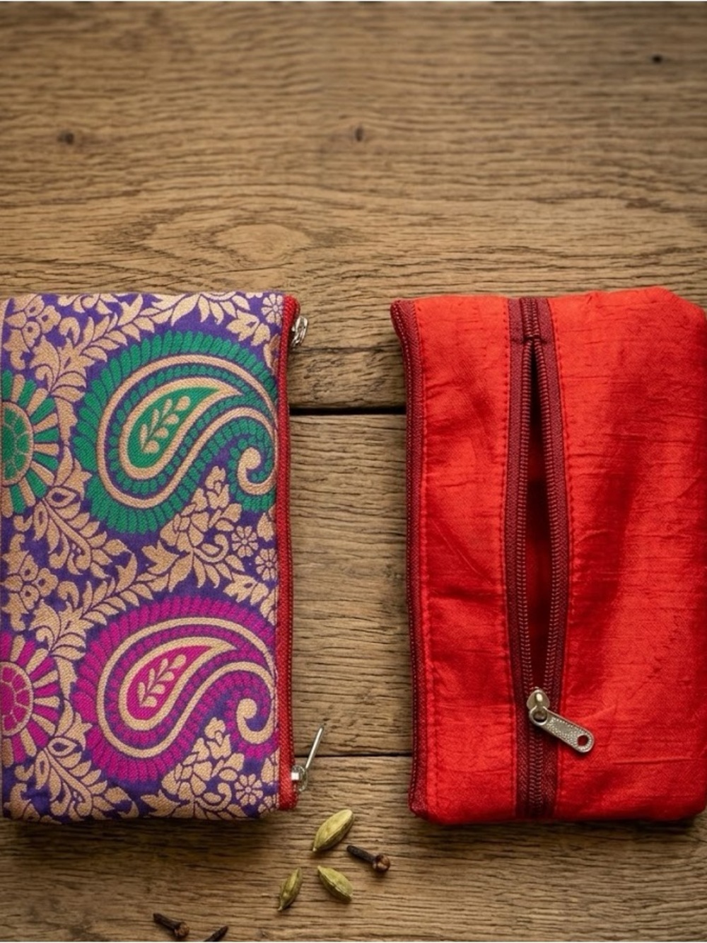 Vibrant Paisley Purple & Red Silk Zip Pouches